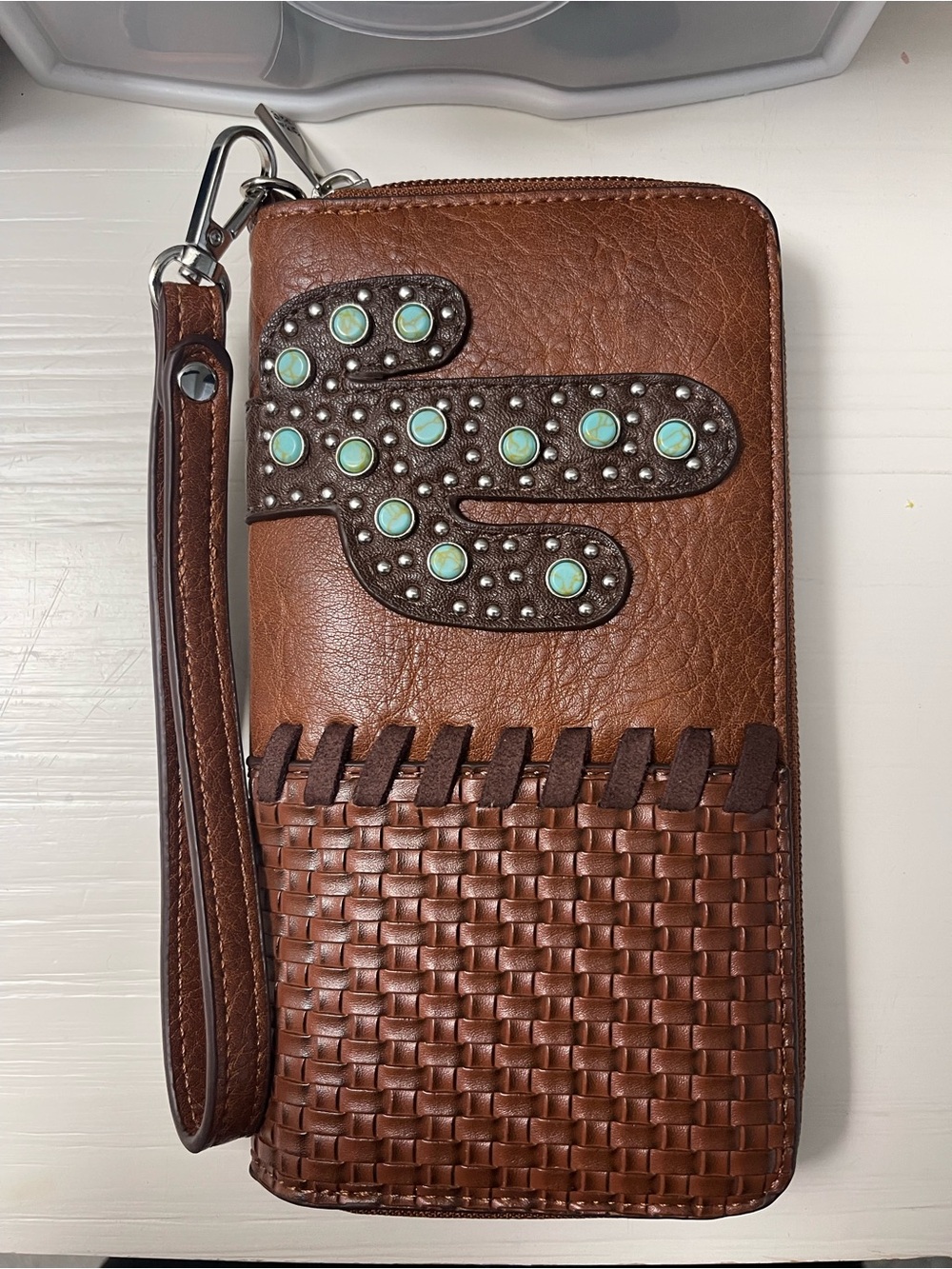 Brown Woven Leather Wristlet Wallet with Turquoise Accent Studs
